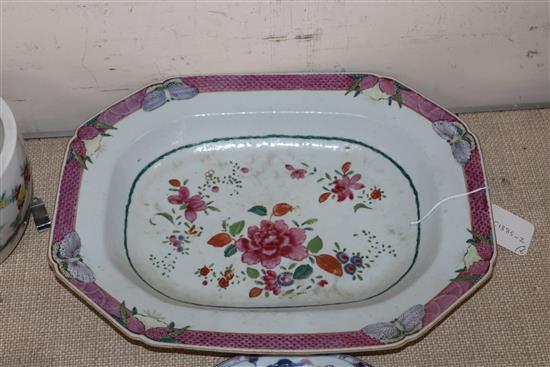 A pair of 19th century Chinese famille rose jardinieres, an 18th century Chinese famille dish and three plates